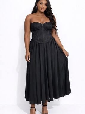 Lulu's Black Strapless Corset Midi Gown